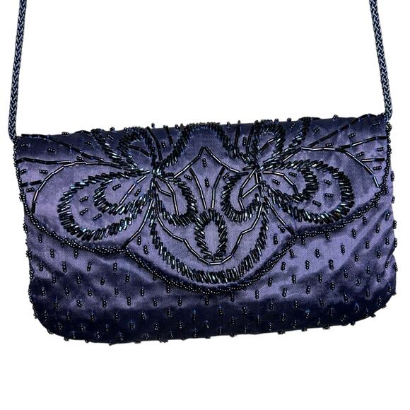 Other Handbags - Navy Blue Satin Beaded Evening Bag‎